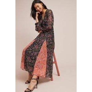 Anthropologie Laia Floral V-Neck Long Sleeve Ines Maxi Dress Black Motif S/P NWT